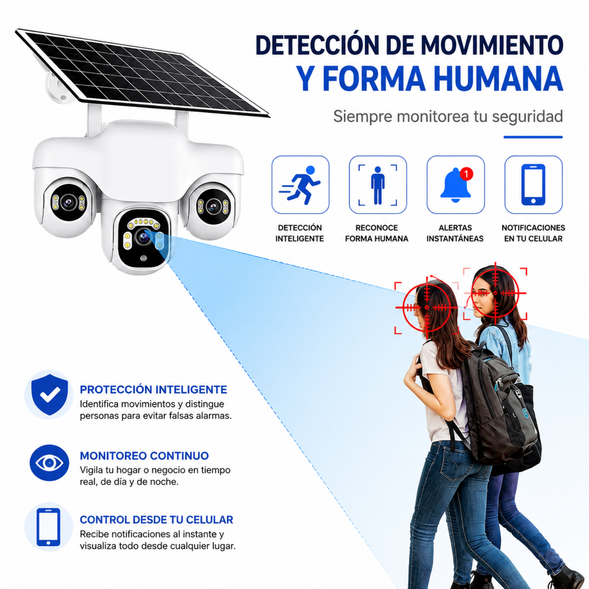 Cámara Solar WiFi 3 Lentes Robótica PTZ 4K Auto Seguimiento V380 IA