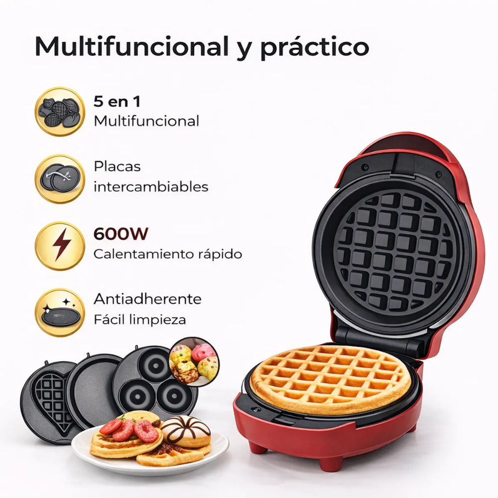 Waflera Eléctrica Sokany 5x1 Placas Intercambiables Antiadherente 600W