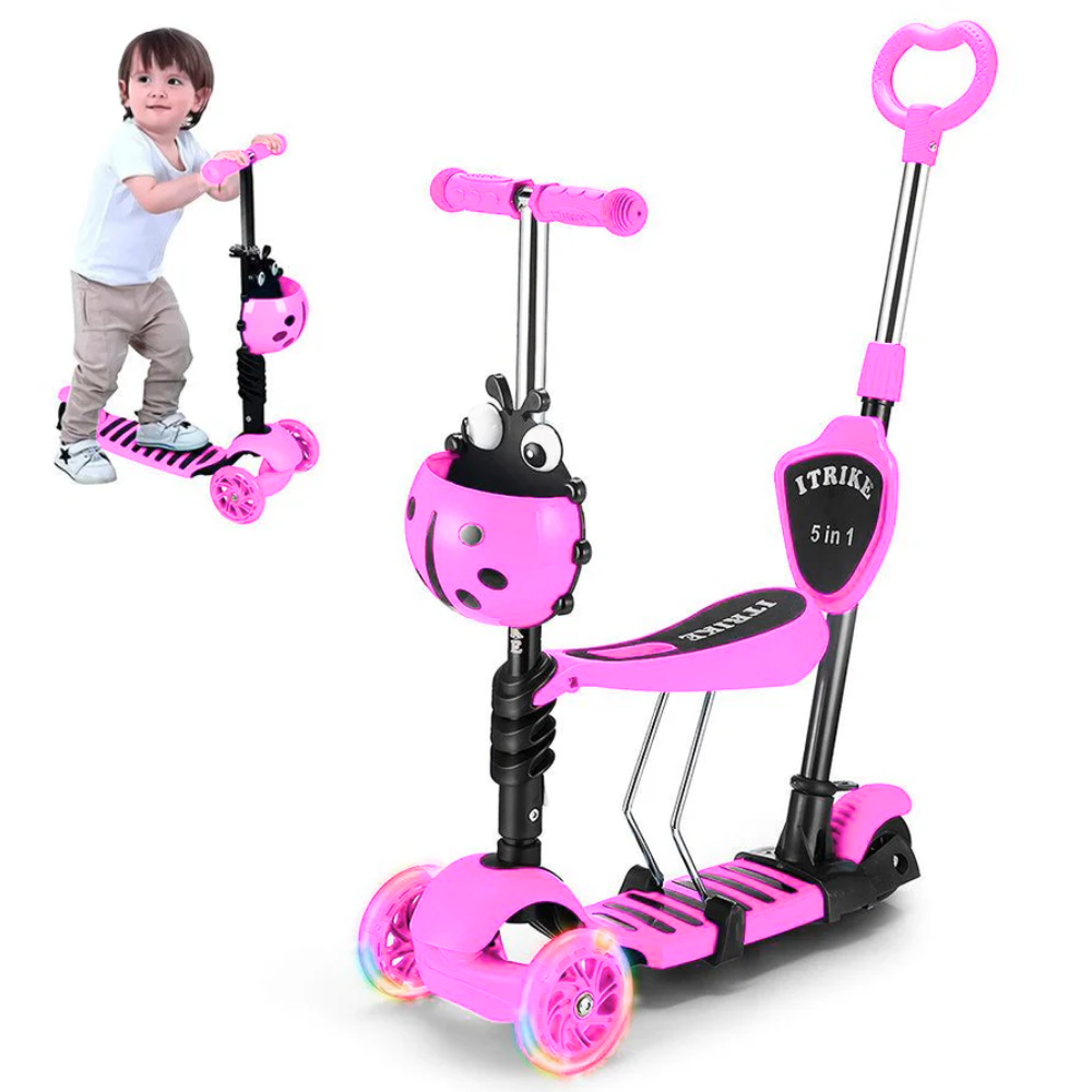 Scooter Niños 3x1 Mariquita Asiento Ajustable Luces LED Plegable