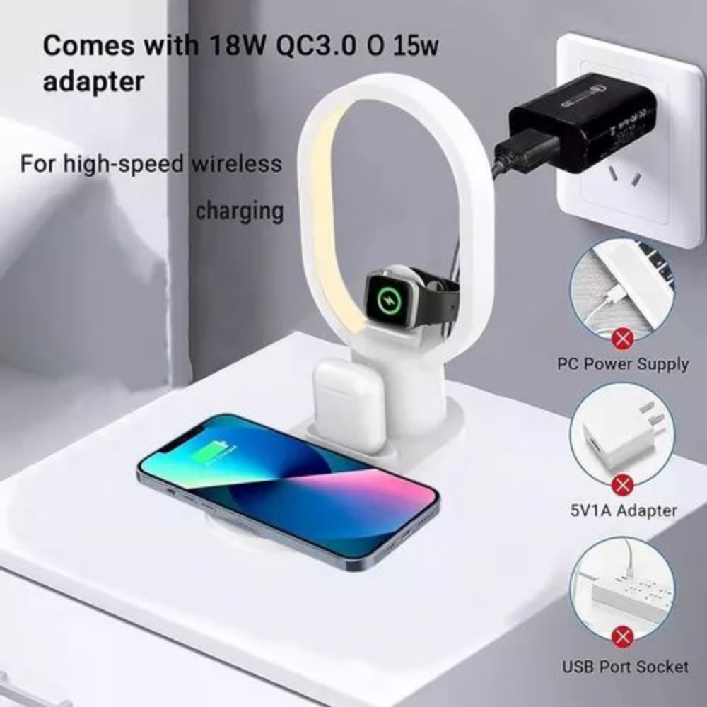 Base Carga Inalámbrica 4x1 Lámpara LED 15W iPhone Samsung Watch