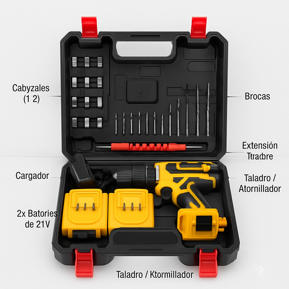 Taladro Inalámbrico Lemman Doble Batería Kit Brocas Maletín Recargable