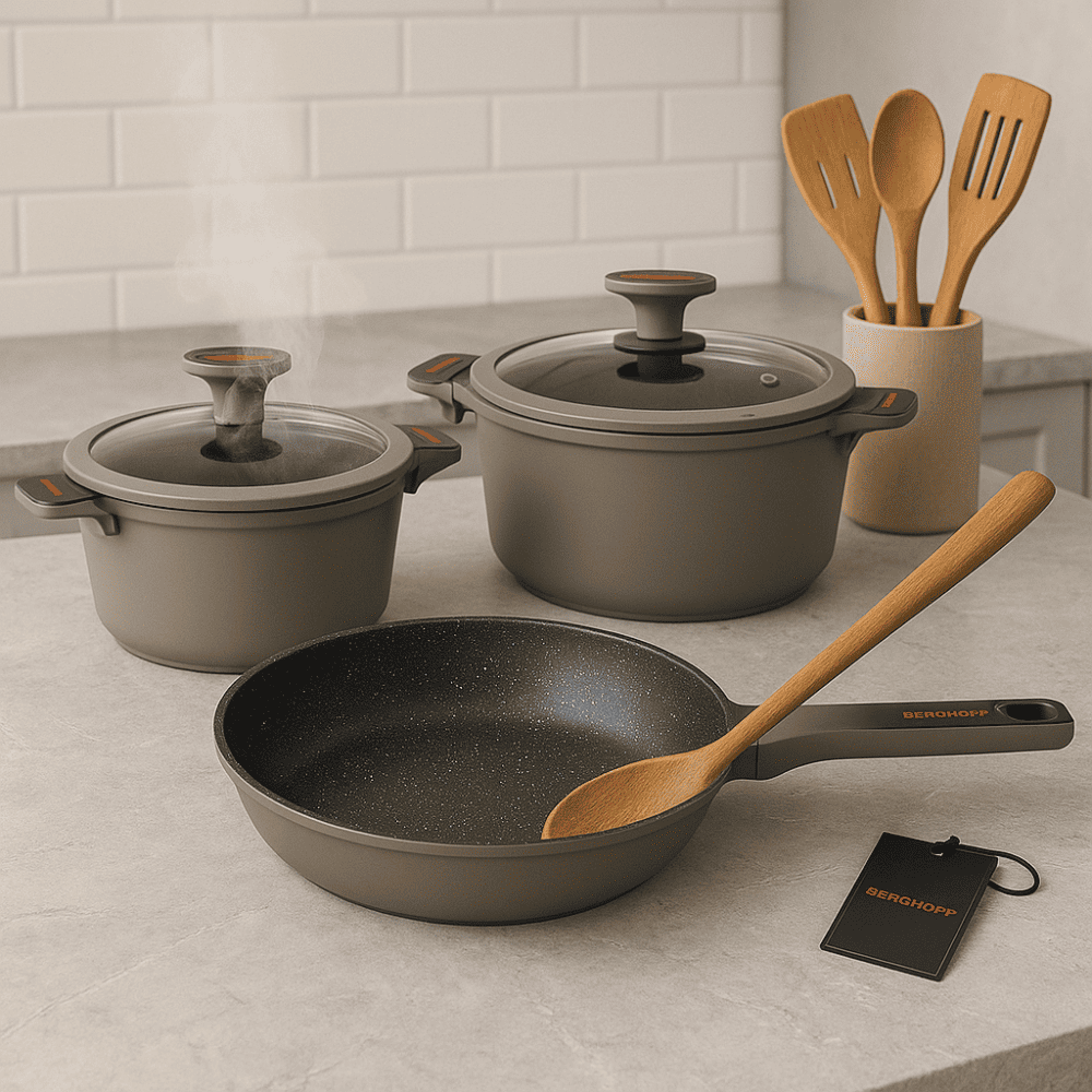 Batería Cocina Renahouse 5 Piezas Mármol Antiadherente Inducción Gris