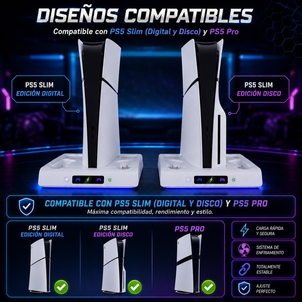 Base Refrigerante PS5 Slim Pro Cargador Controles RGB Soporte Gamer