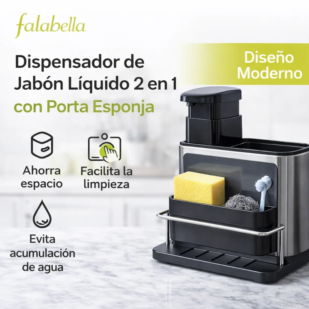 Dispensador Jabón Líquido Cocina Porta Esponja 2x1 Lavaplatos Negro