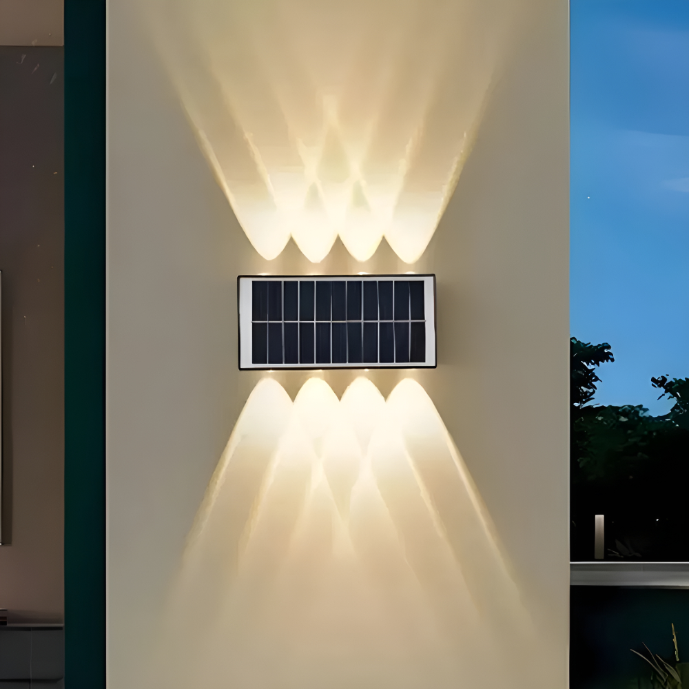 Lámpara Solar Pared Exterior Luz Cálida Aplique Fachada Doble Luz LED