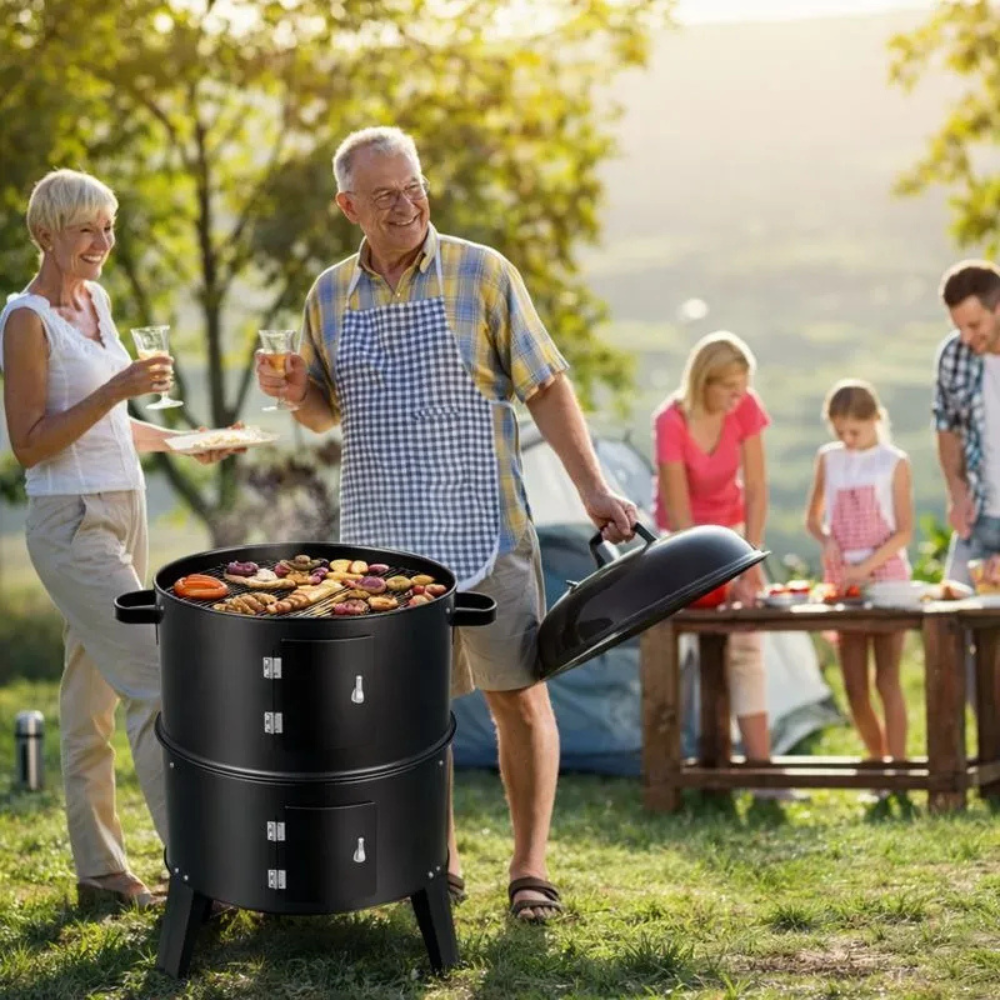 Asador Ahumador Barril Parrilla Horno 3x1 Carbón 80cm Termómetro