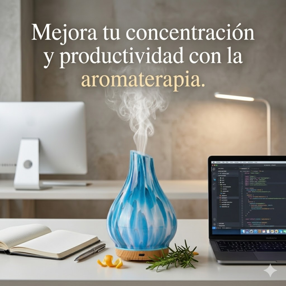 Humidificador Difusor Aromas Vidrio Jarrón Base Madera USB Tipo C