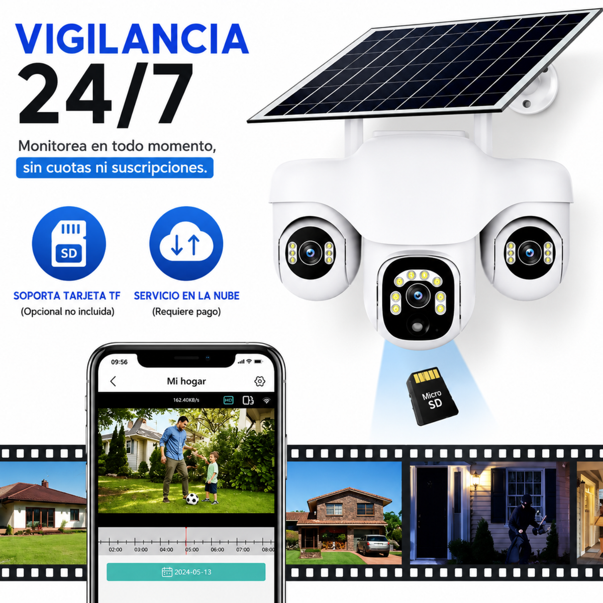 Cámara Solar WiFi 3 Lentes Robótica PTZ 4K Auto Seguimiento V380 IA