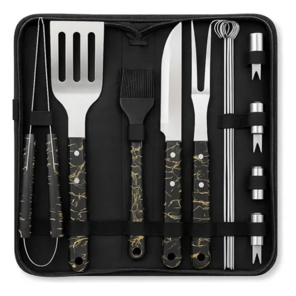 Kit Asados Parrilla BBQ 11 Piezas Acero Inoxidable Estuche Soplador