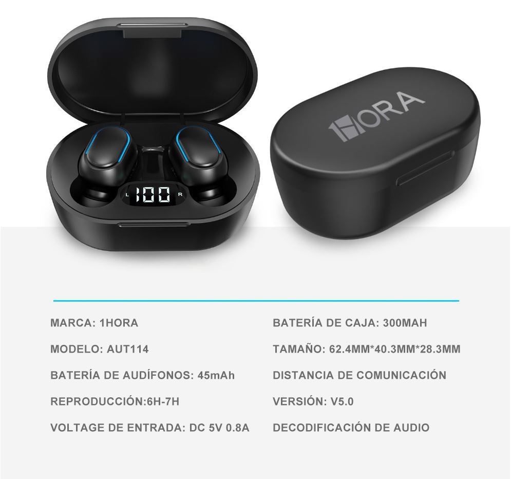 Audífonos Inalámbricos In Ear 1Hora TWS Bluetooth Manos Libres 8 Horas