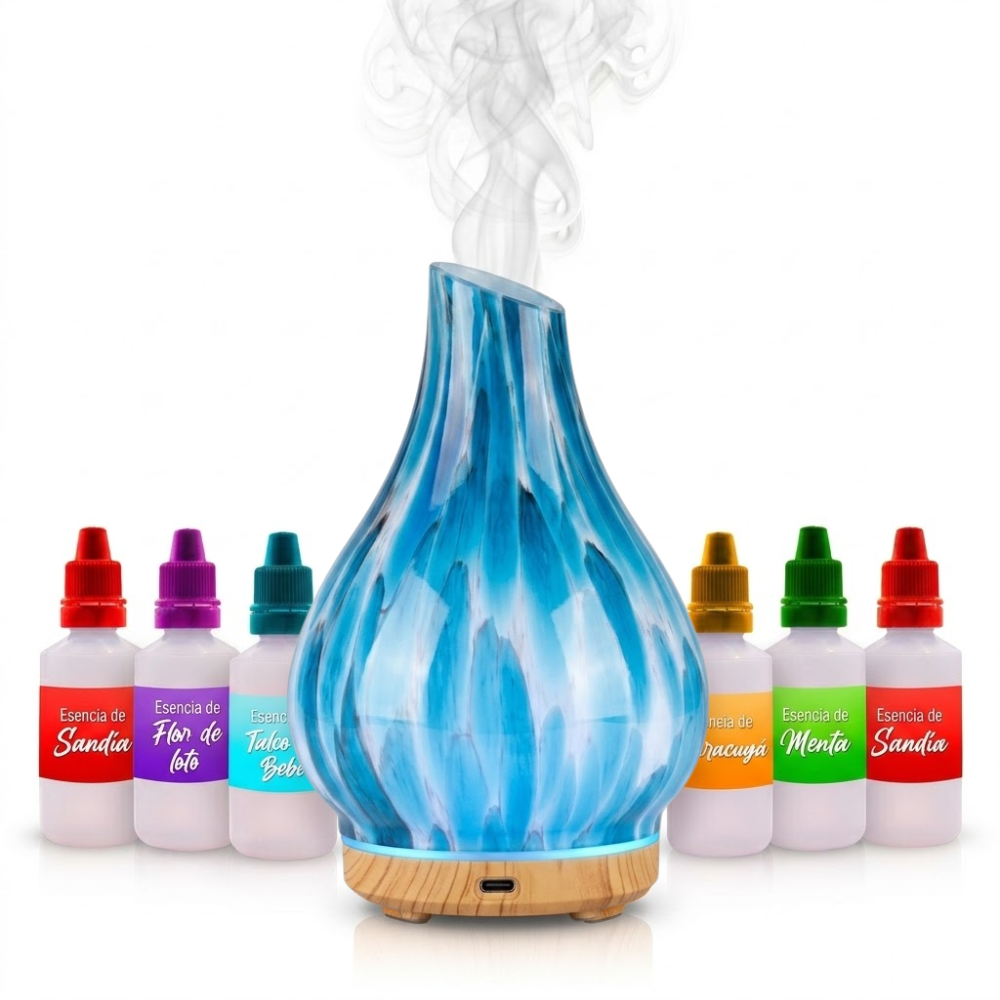 Humidificador Difusor Aromas Vidrio Jarrón Base Madera USB Tipo C