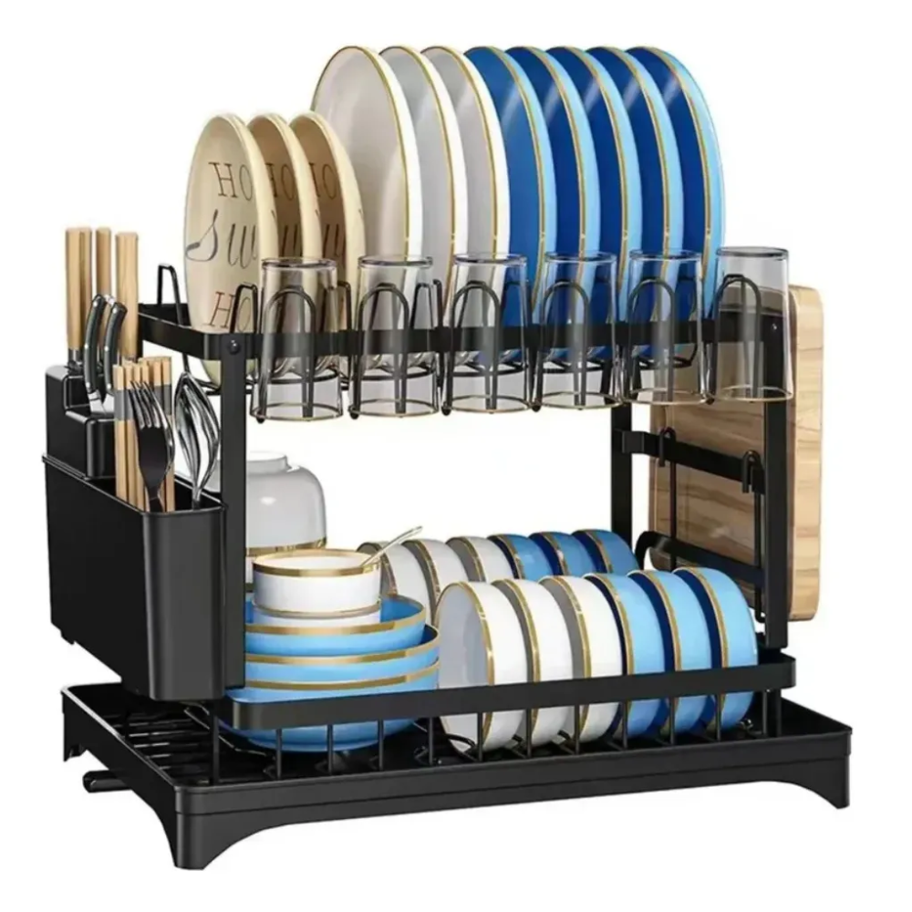 Escurridor Platos Acero Inoxidable 2 Niveles Drenaje 360 Negro Cocina