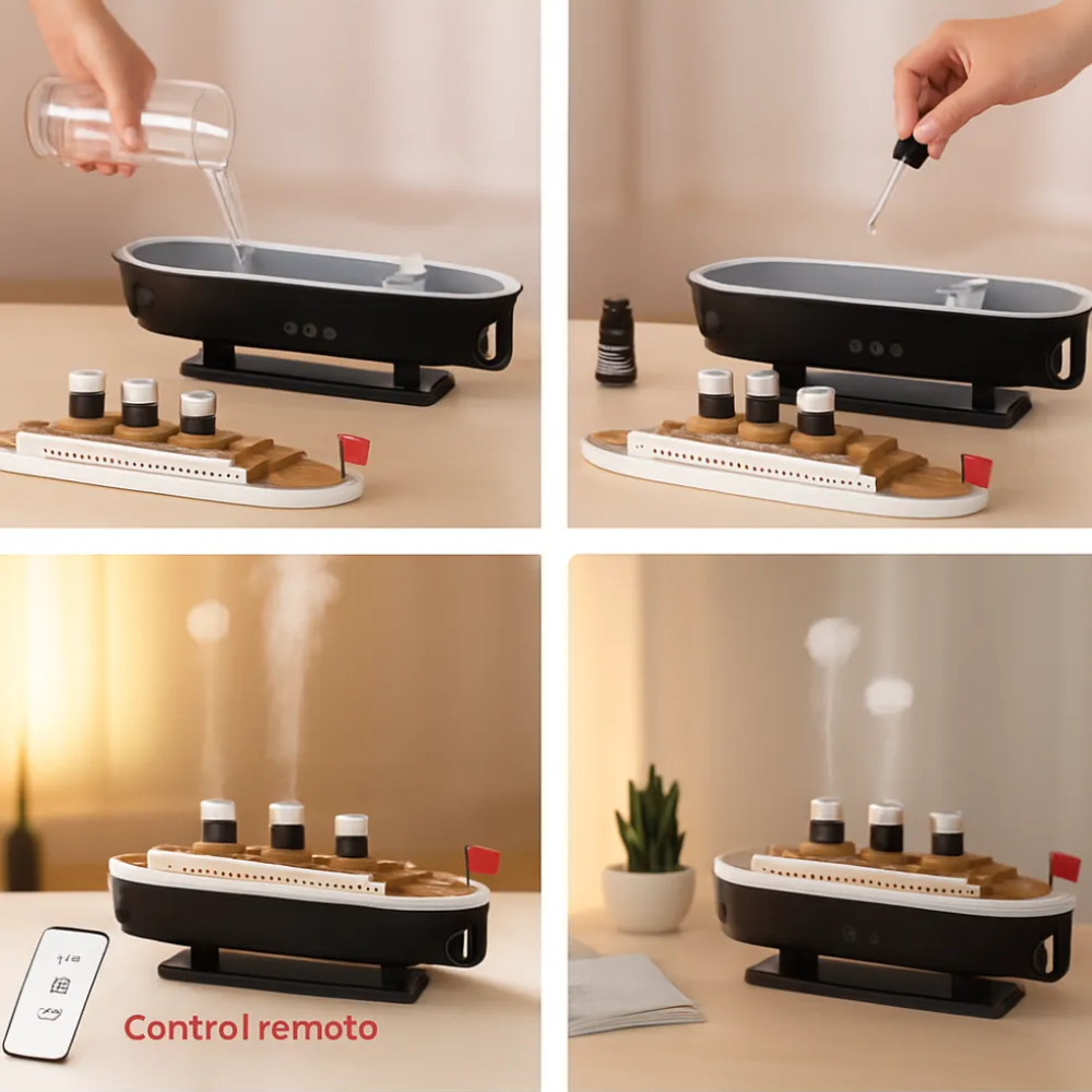 Humidificador Difusor Aromas Barco Titanic LED Niebla Decorativo