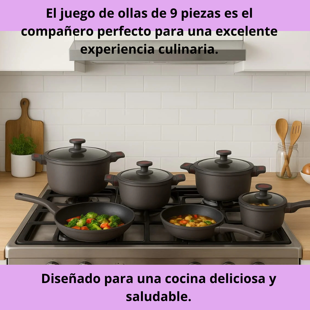 Batería Cocina Renahouse 9 Piezas Mármol Antiadherente Inducción Gris