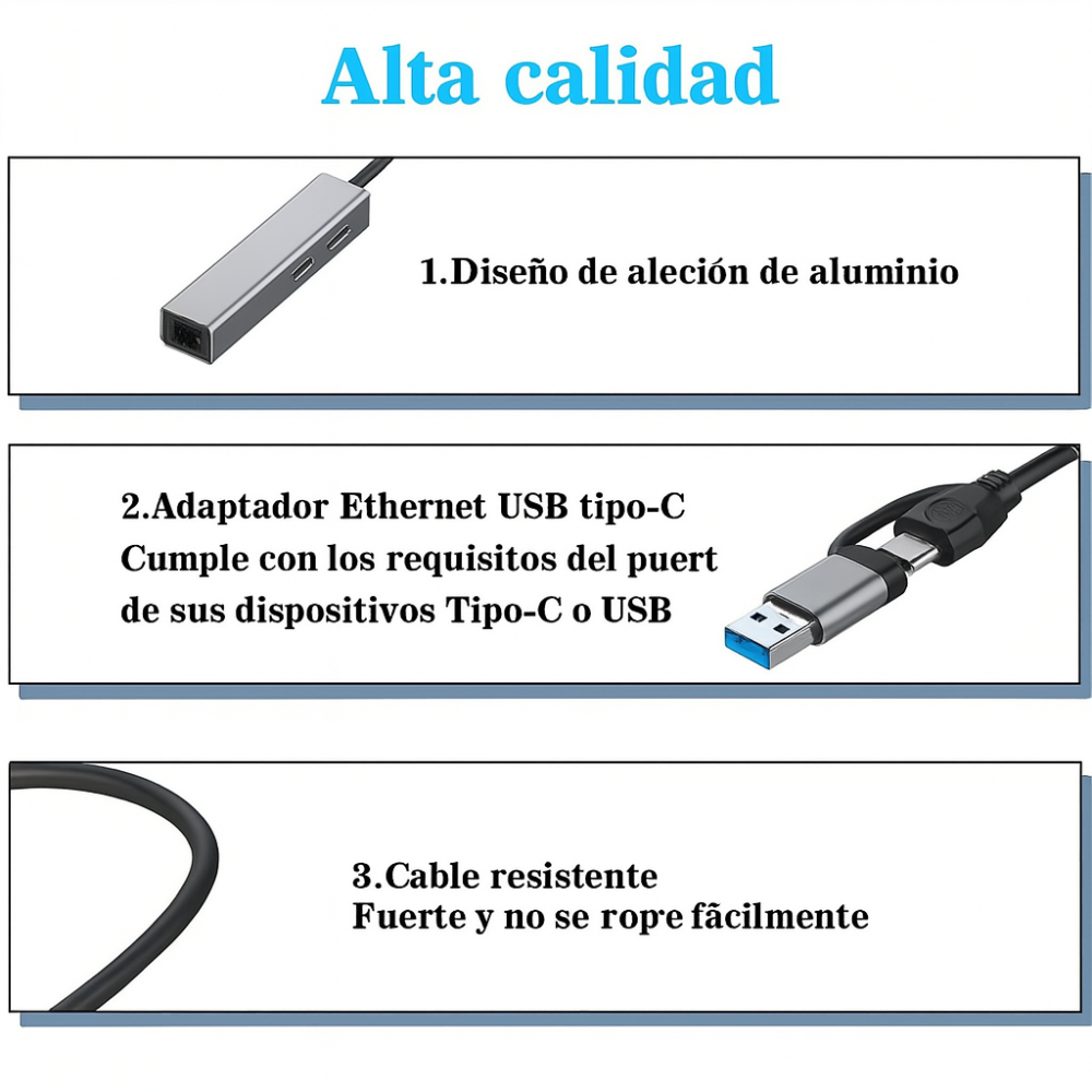 Adaptador Hub USB Tipo C 3 Puertos USB 3.0 Ethernet RJ45 Gigabit