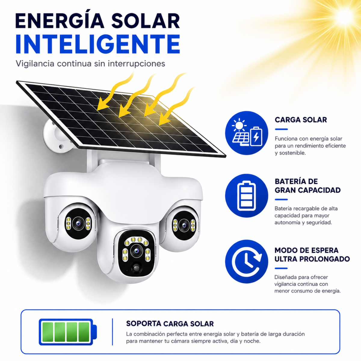 Cámara Solar WiFi 3 Lentes Robótica PTZ 4K Auto Seguimiento V380 IA