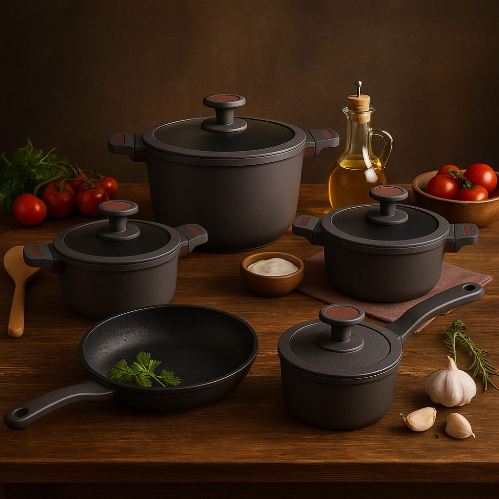 Batería Cocina Renahouse 9 Piezas Mármol Antiadherente Inducción Gris