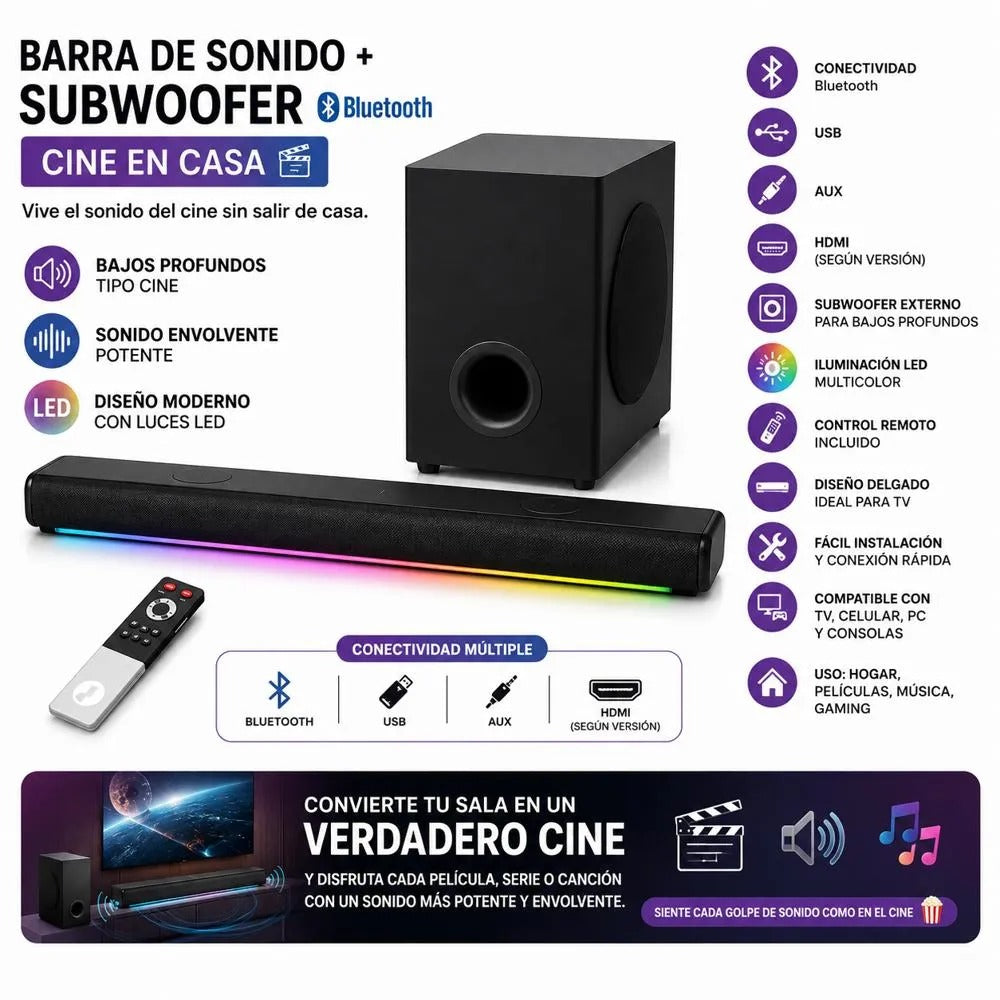Barra Sonido Subwoofer Bluetooth 5.1 Teatro Casa GD-699 Control TV