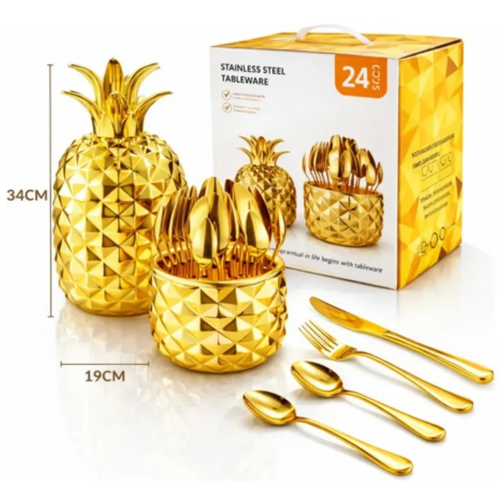 Juego Cubiertos 24 Piezas Acero Inoxidable Estuche Piña 6 Puestos