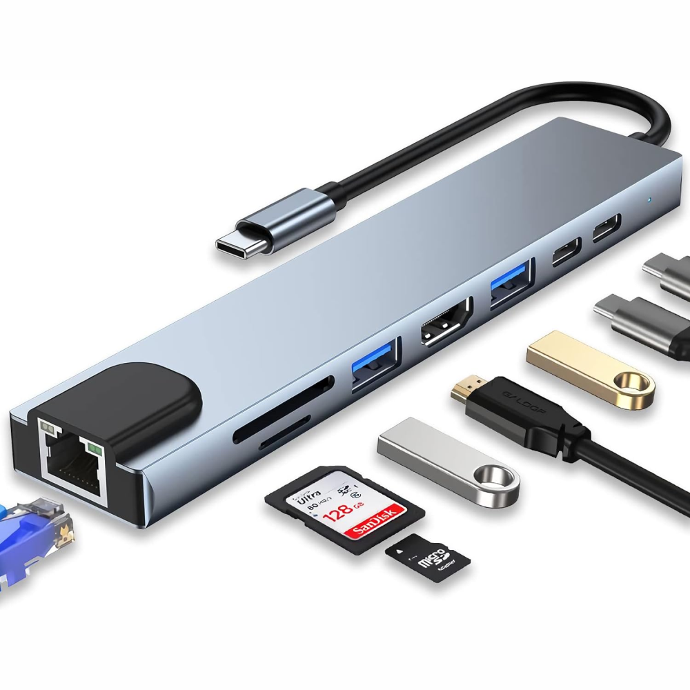 Adaptador Hub USB C 8x1 HDMI 4K Ethernet RJ45 SD USB 3.0 Carga PD