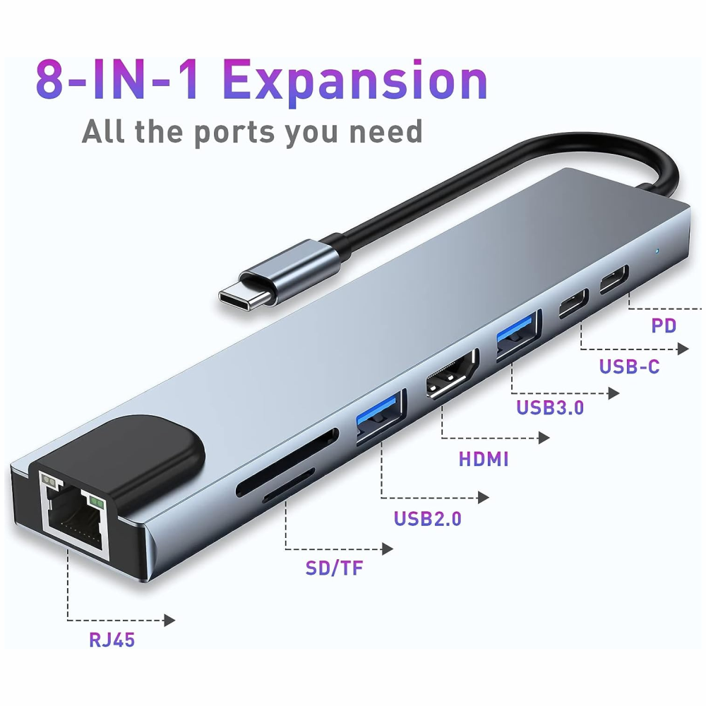 Adaptador Hub USB C 8x1 HDMI 4K Ethernet RJ45 SD USB 3.0 Carga PD