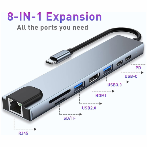Adaptador Hub USB C 8x1 HDMI 4K Ethernet RJ45 SD USB 3.0 Carga PD