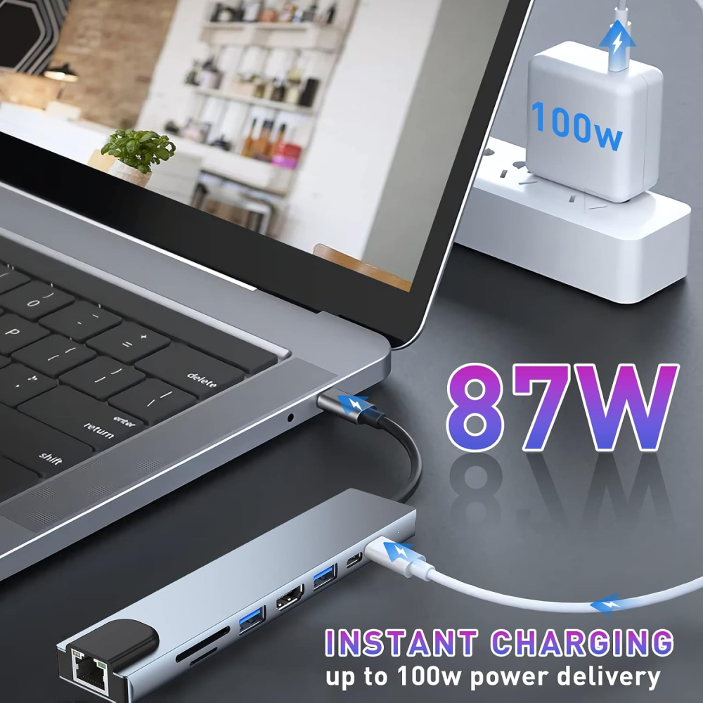 Adaptador Hub USB C 8x1 HDMI 4K Ethernet RJ45 SD USB 3.0 Carga PD