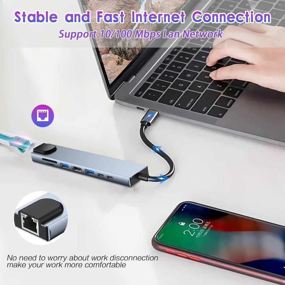 Adaptador Hub USB C 8x1 HDMI 4K Ethernet RJ45 SD USB 3.0 Carga PD