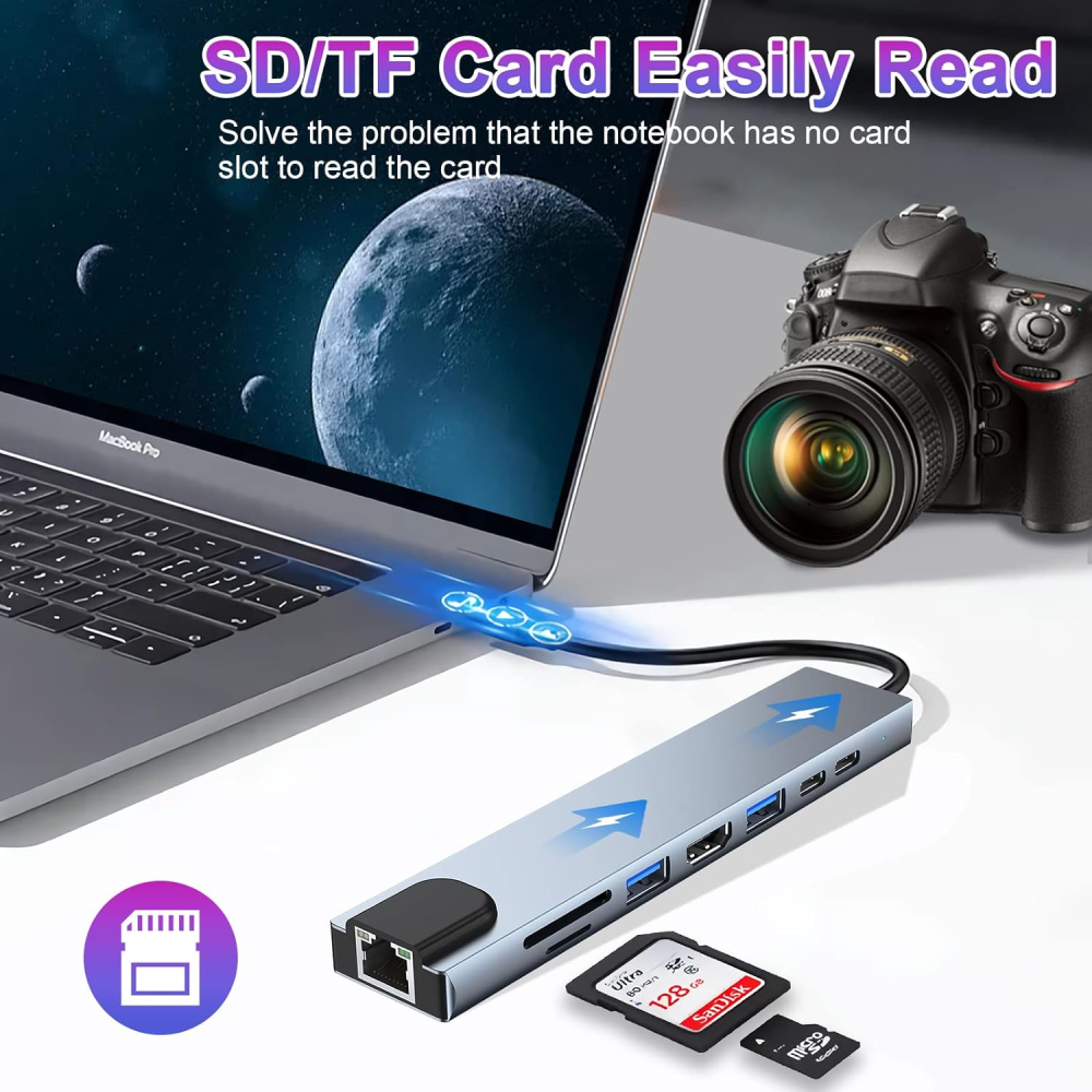 Adaptador Hub USB C 8x1 HDMI 4K Ethernet RJ45 SD USB 3.0 Carga PD