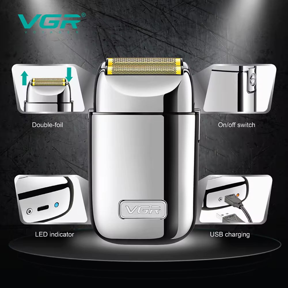 Afeitadora Eléctrica VGR V-398 Recargable USB Metálica Doble Cuchilla