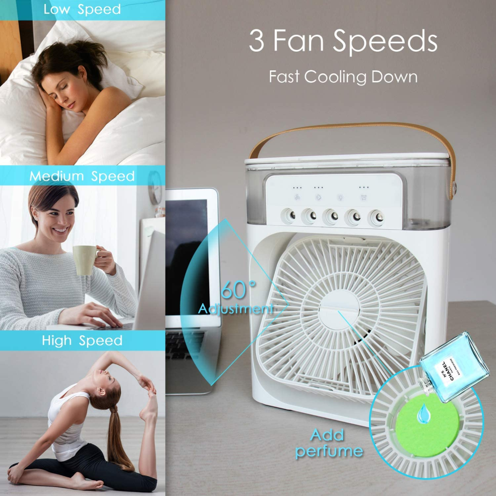 Enfriador Aire Portátil 3x1 Humidificador 600ml 7 Luces LED USB