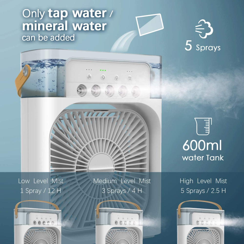 Enfriador Aire Portátil 3x1 Humidificador 600ml 7 Luces LED USB