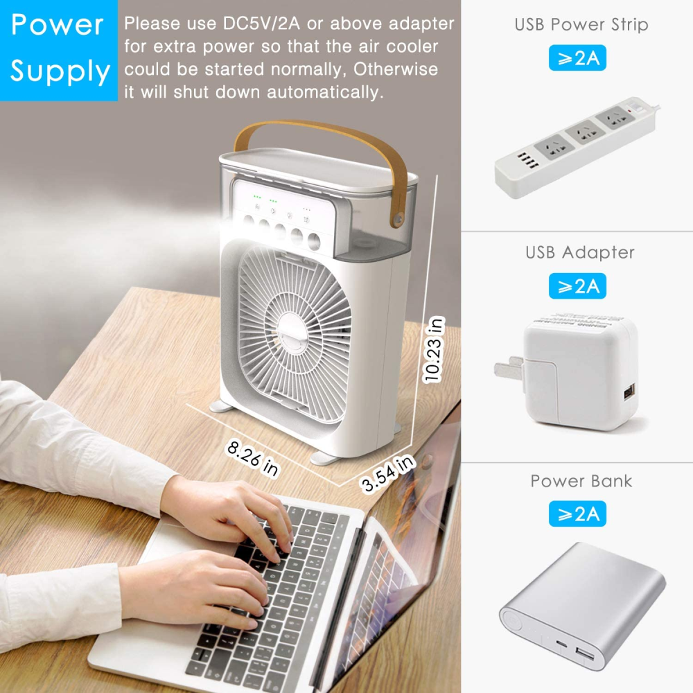 Enfriador Aire Portátil 3x1 Humidificador 600ml 7 Luces LED USB