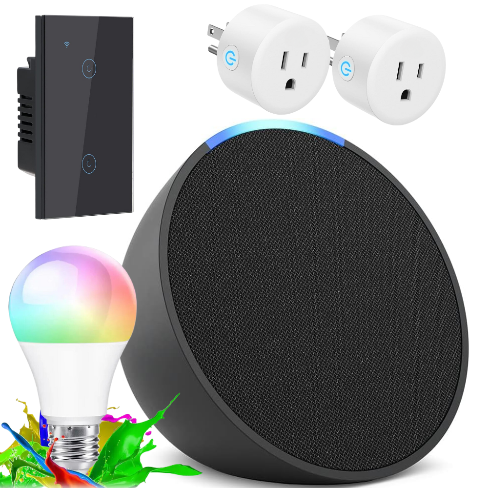 Combo Casa Inteligente Alexa Echo Pop Bombillo Interruptor 2 Enchufes