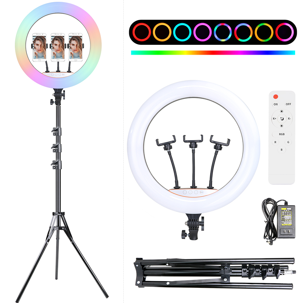 Aro Luz LED RGB 45cm Trípode Soporte Celular 10 Colores Regulable USB
