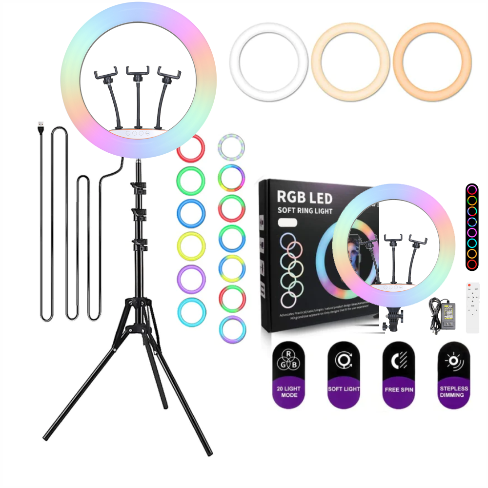 Aro Luz LED RGB 45cm Trípode Soporte Celular 10 Colores Regulable USB