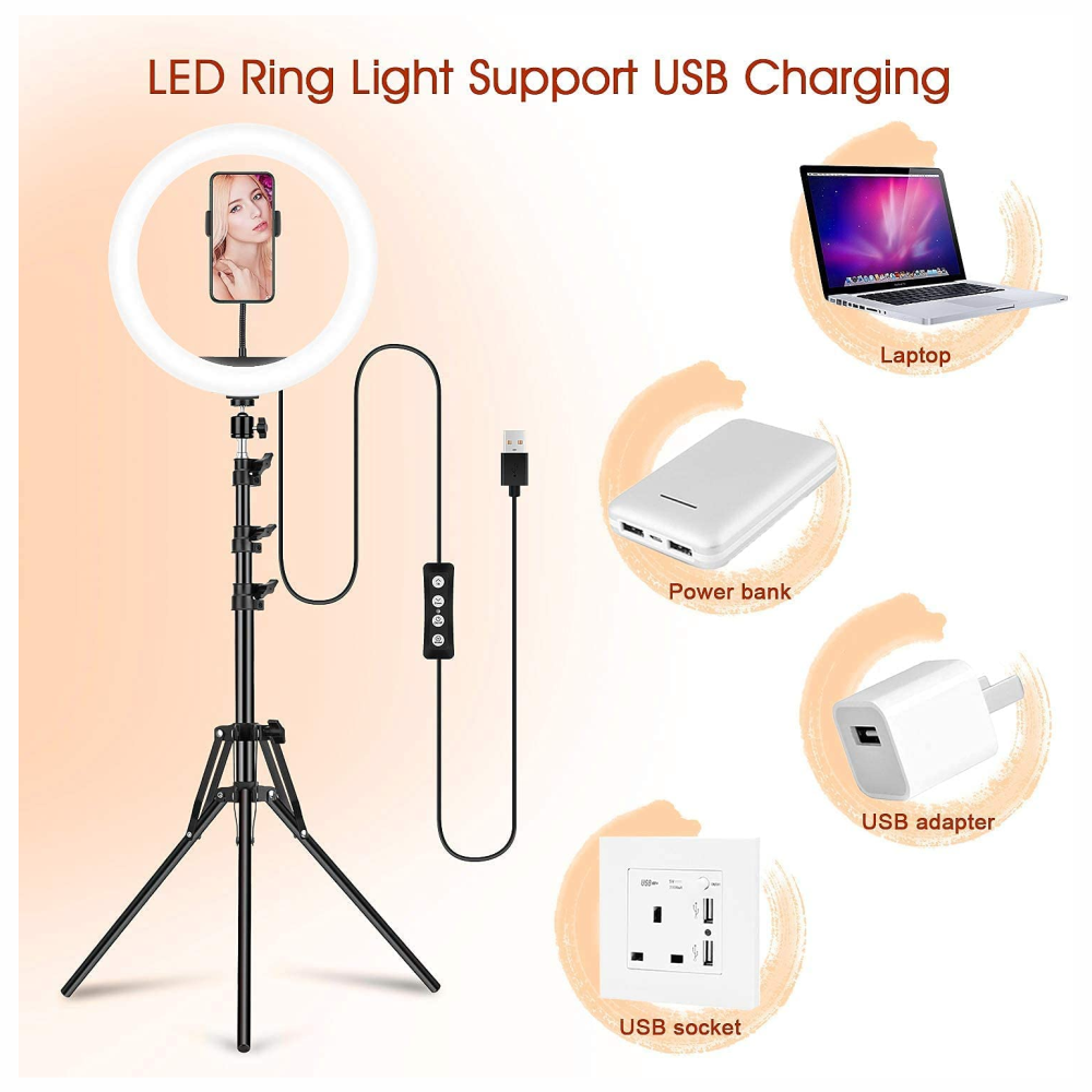 Aro Luz LED RGB 33cm Trípode 2 Metros Soporte Celular Regulable USB