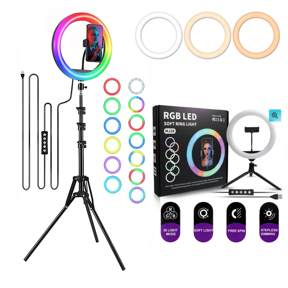 Aro Luz LED RGB 26cm Trípode 2 Metros Soporte Celular Regulable USB