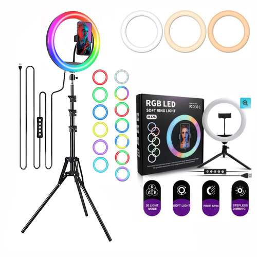 Aro Luz LED RGB 30cm Trípode 2 Metros Soporte Celular 10 Colores USB