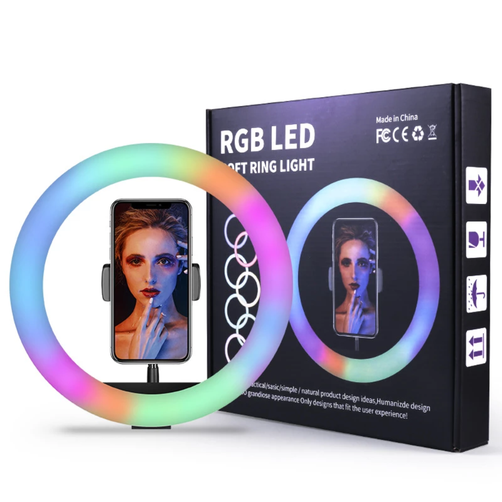 Aro Luz LED RGB 30cm Trípode 2 Metros Soporte Celular 10 Colores USB