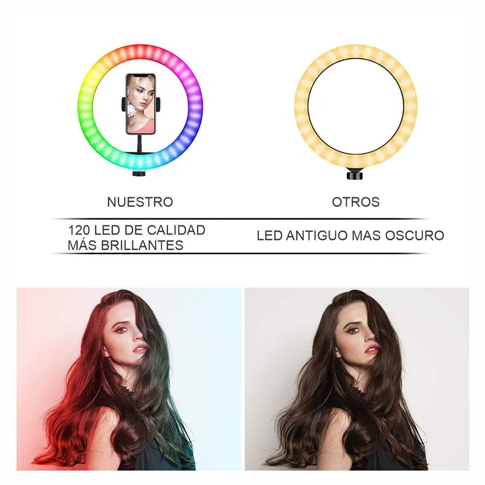 Aro Luz LED RGB 26cm Trípode 2 Metros Soporte Celular Regulable USB