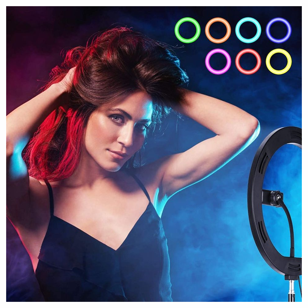 Aro Luz LED RGB 30cm Trípode 2 Metros Soporte Celular 10 Colores USB