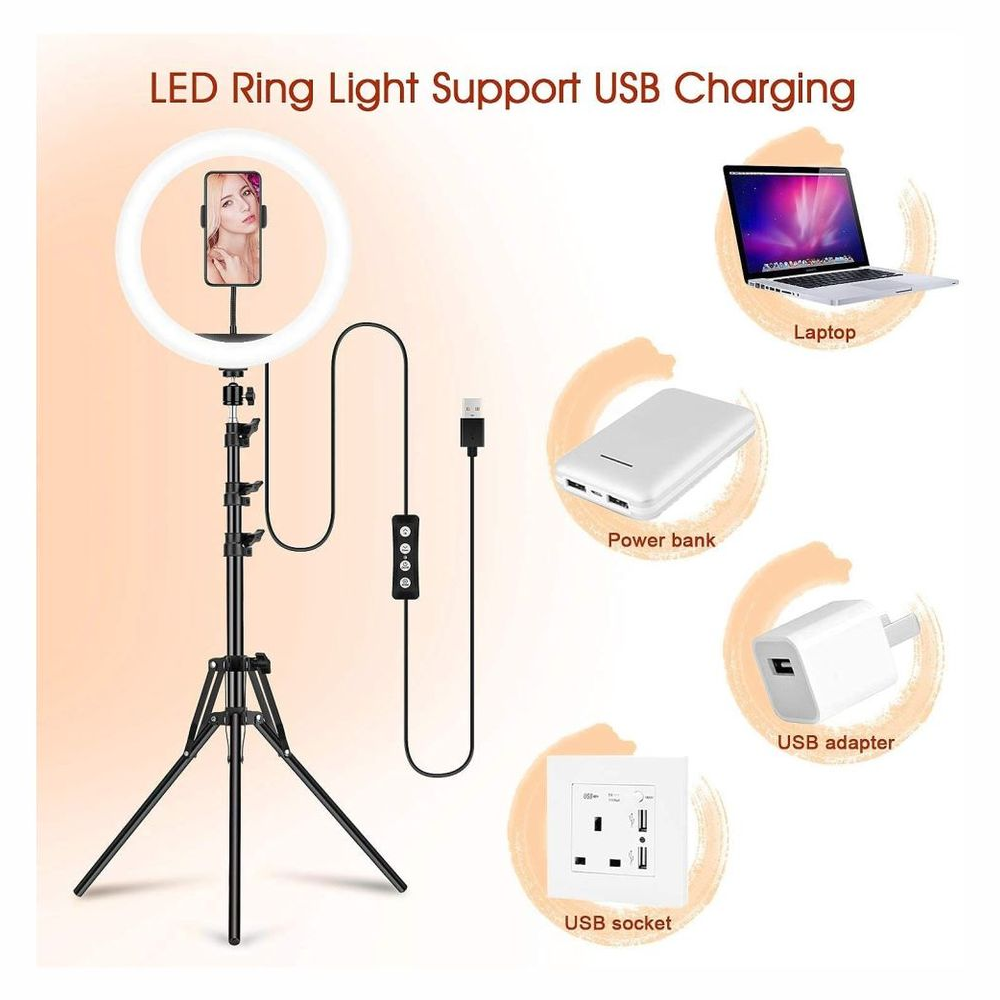 Aro Luz LED RGB 26cm Trípode 2 Metros Soporte Celular Regulable USB