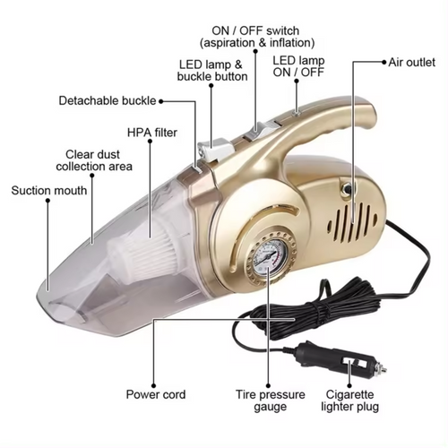 Aspiradora Carro 4x1 Compresor Inflador Llantas Luz LED 12V HEPA