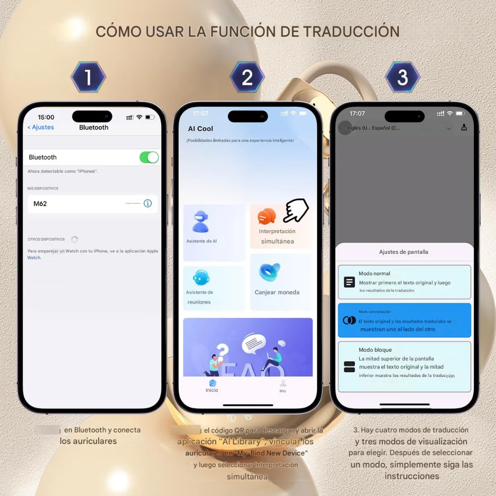 Audífonos Traductores Tiempo Real 144 Idiomas Bluetooth Música 3x1