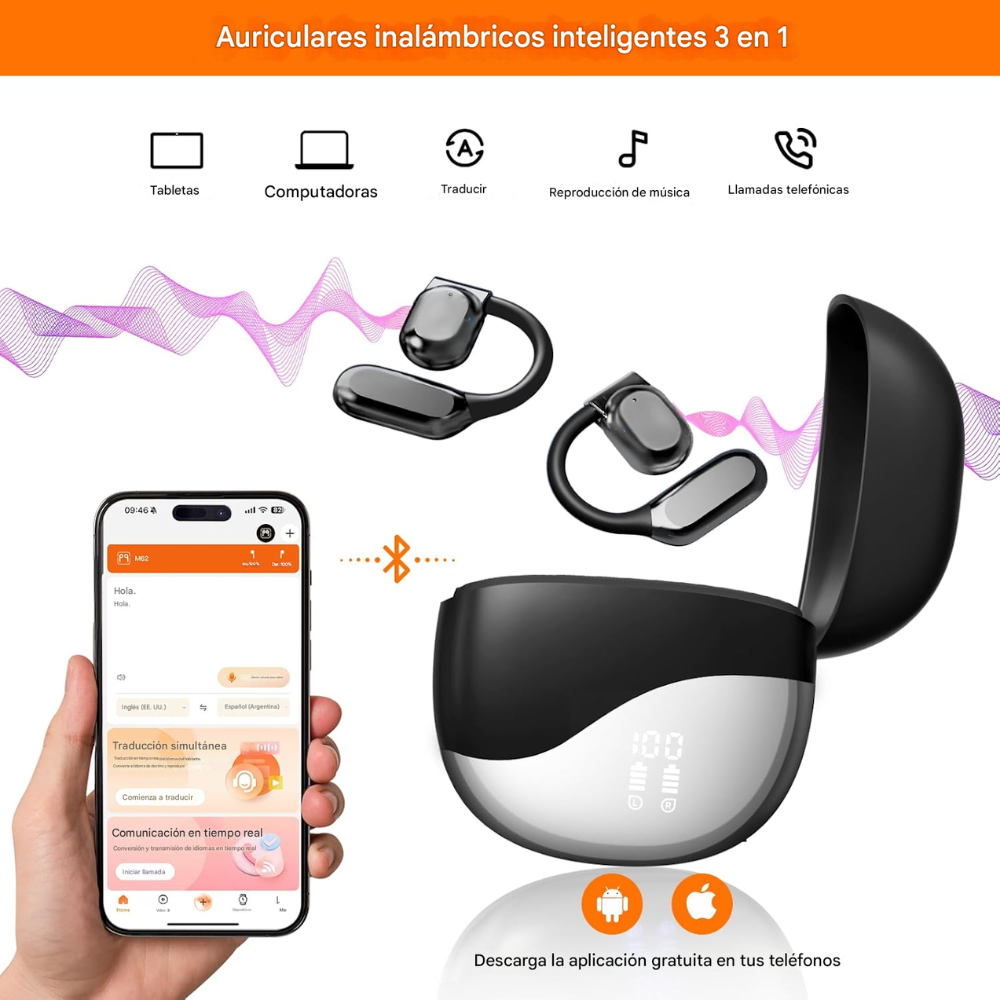 Audífonos Traductores Tiempo Real 144 Idiomas Bluetooth Música 3x1