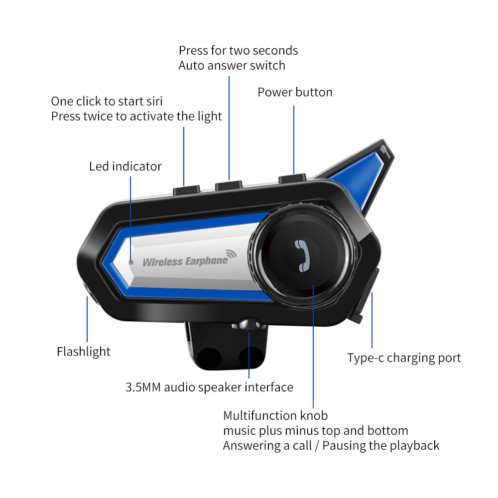 Intercomunicador Casco Moto Bluetooth 5.0 Manos Libres Música 1000mAh