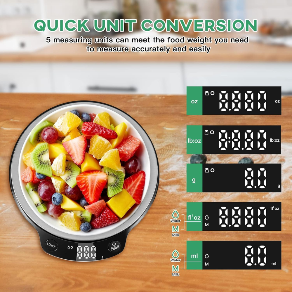 Gramera Digital Cocina Báscula Alimentos 5kg Pantalla LED Acero Tara