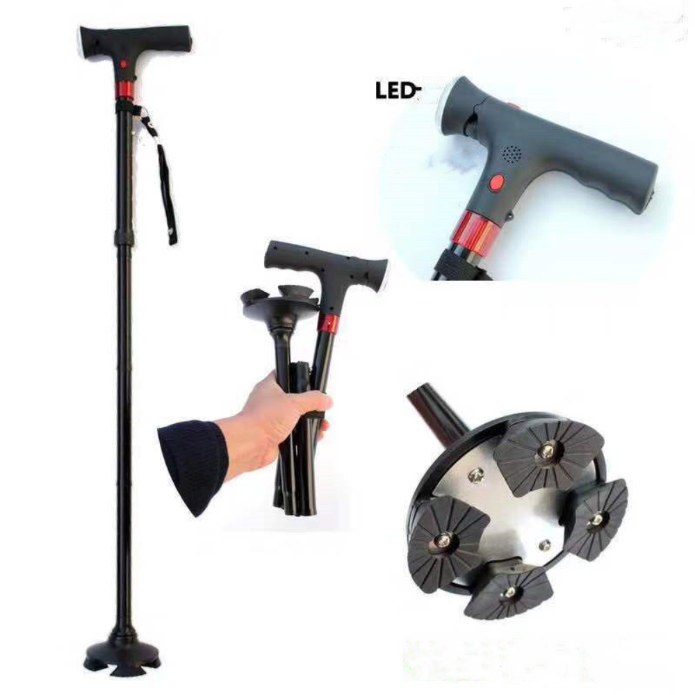 Bastón Plegable Luz LED Base 4 Puntos Articulada Antideslizante Adulto