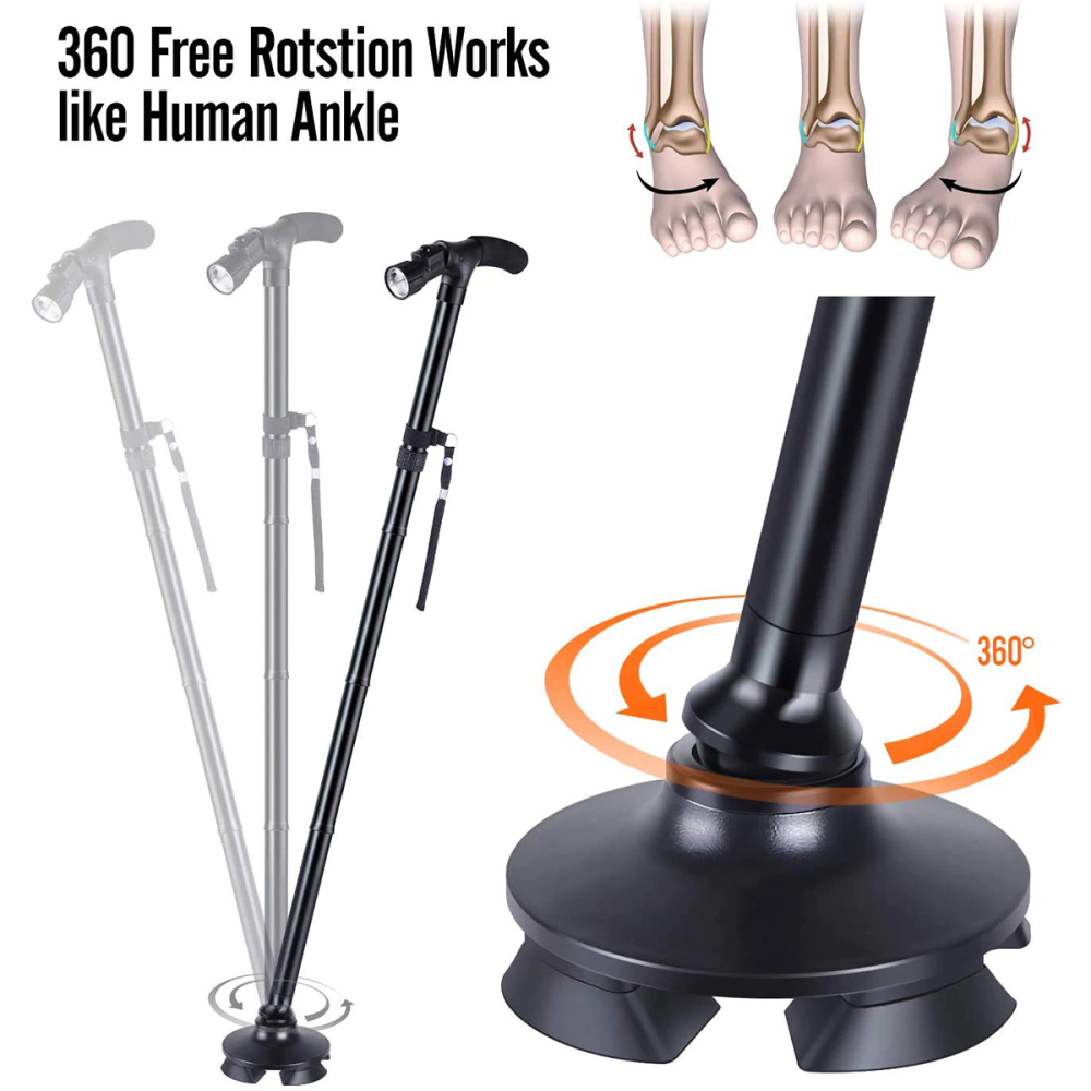 Bastón Plegable Luz LED Base 4 Puntos Articulada Antideslizante Adulto
